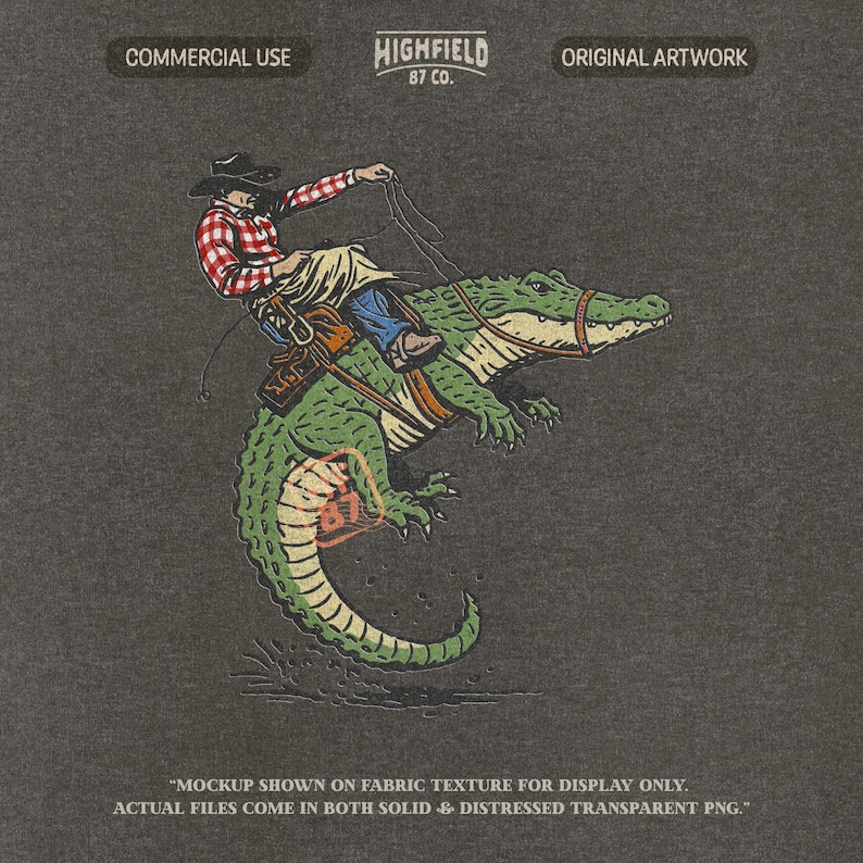 Funny alligator PNG with cowboy riding gator like rodeo scene in vintage hand drawn western style