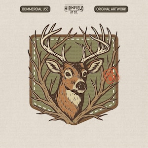 Op de afbeelding: Een illustratie in vintage-stijl van een hertenkop met groot gewei, omlijst door takken, geplaatst in een groen en bruin schild. Het kunstwerk bevat de tekst "HIGHFIELD 87 CO." en de zinnen "COMMERCIAL USE" en "ORIGINAL ARTWORK".