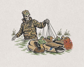 Duck Hunting Skeleton PNG: Camo-Skull Hunter with Mallard-Decoys, Vintage Waterfowl-Hunting Sublimation Illustration Digital-Download