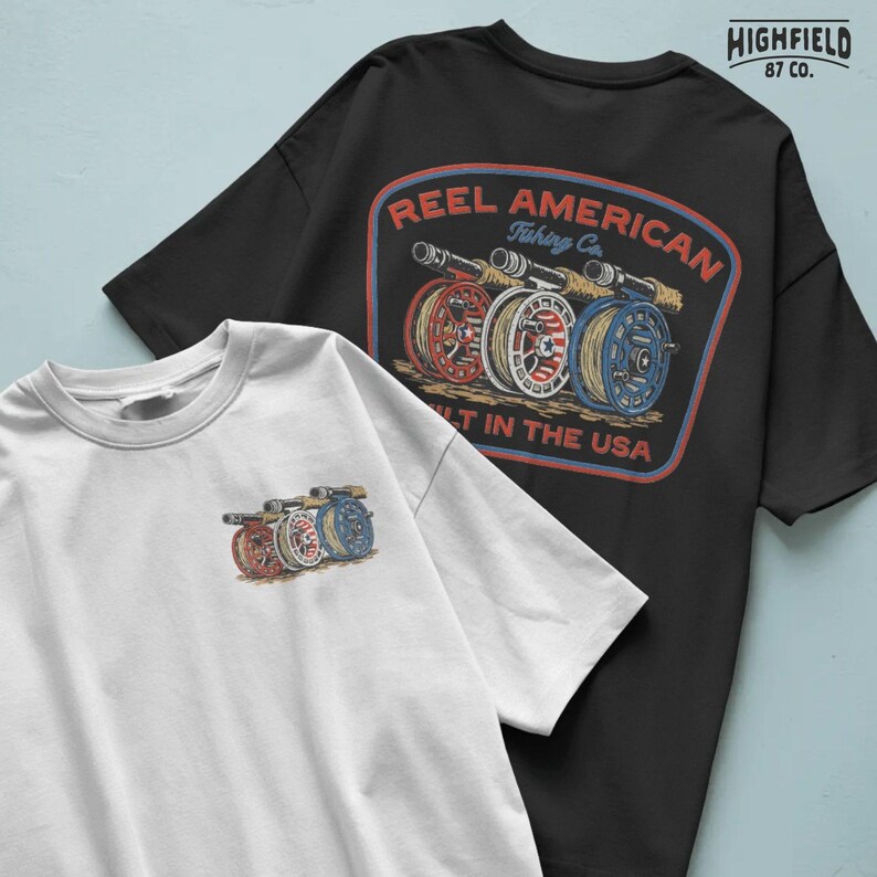 American flag fishing design featuring fly reels and patriotic USA theme.