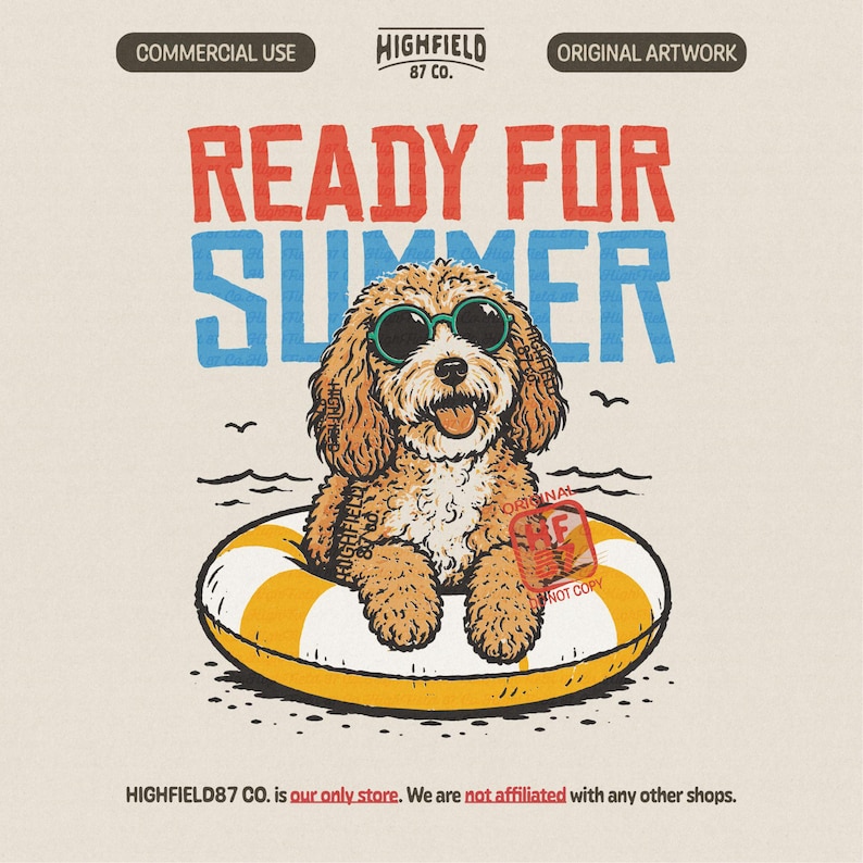 Cute summer dog PNG showing a fluffy puppy wearing round sunglasses and sitting in a yellow swim ring with bold Ready for Summer text above.