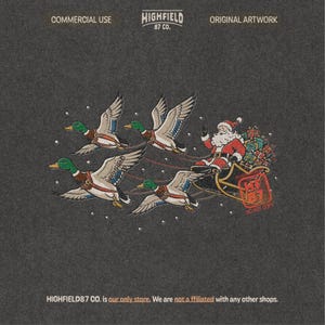 Christmas duck hunting illustration featuring four green-headed mallards in harness pulling Santa Claus and a sleigh loaded with colorful wrapped presents.