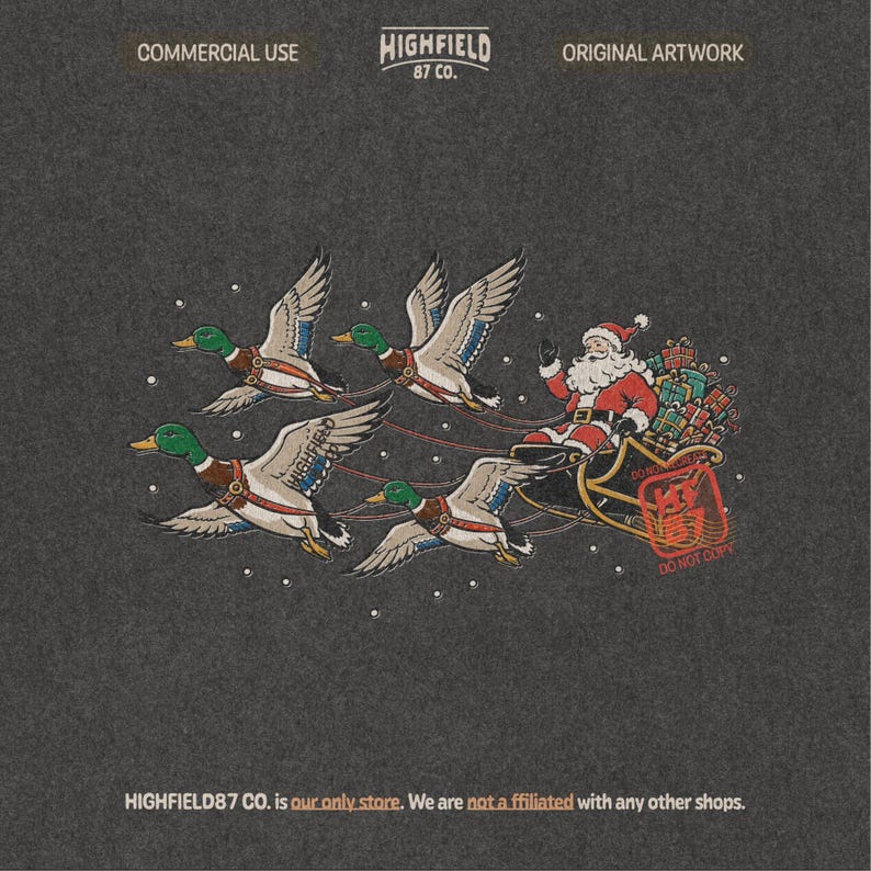 Christmas duck hunting illustration featuring four green-headed mallards in harness pulling Santa Claus and a sleigh loaded with colorful wrapped presents.