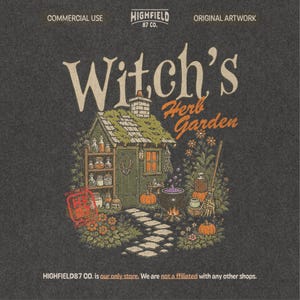 Halloween witch PNG showing a cozy herb garden cottage with a bubbling cauldron, pumpkins, broom, flowers, and witchy fall details.