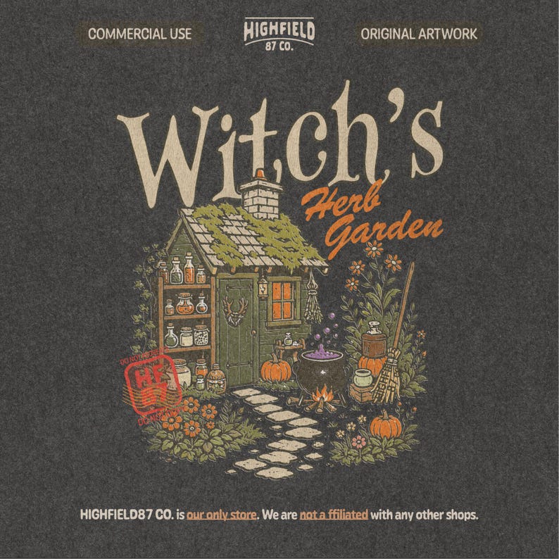Halloween witch PNG showing a cozy herb garden cottage with a bubbling cauldron, pumpkins, broom, flowers, and witchy fall details.