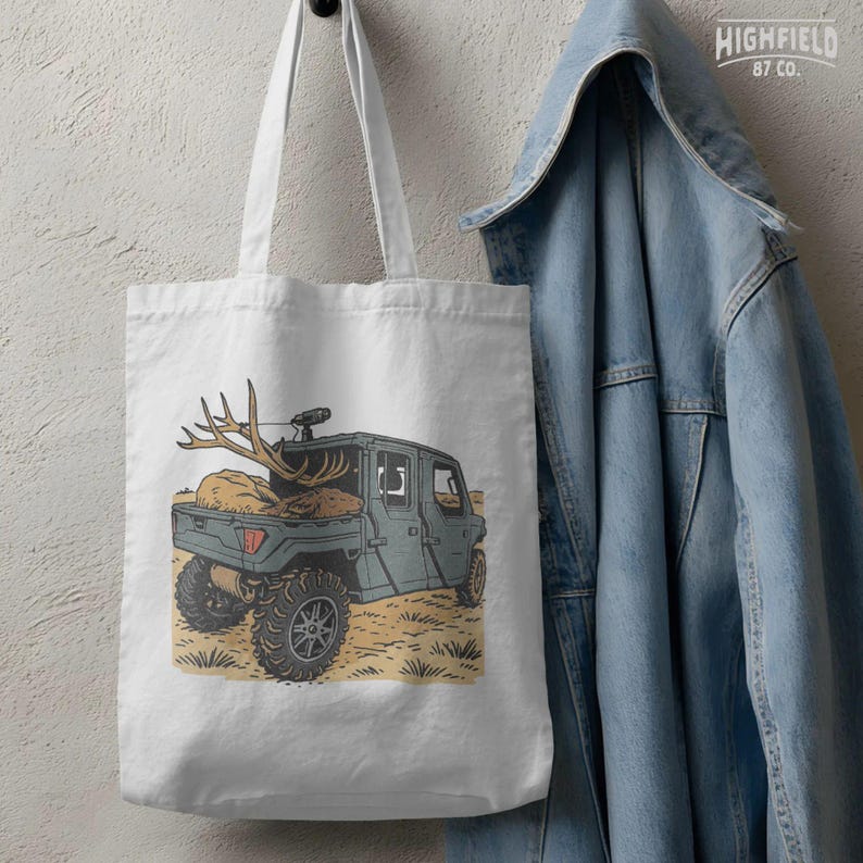Camo UTV with harvested elk and antlers in the truck bed, drawn in a cartoon-style illustration. This hunting truck art PNG fits perfectly on shirts, tumbler wraps, or sticker sheets made for hunters.