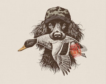 Duck Hunting Dog PNG – Boykin Spaniel with Mallard and Camo Hat, Bold Vintage Graphic, Digital Download