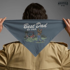 Golf lover PNG with Bigfoot swinging a club, Best Dad By Par text, and golf course details, made for funny dad shirts and Fathers Day graphics.