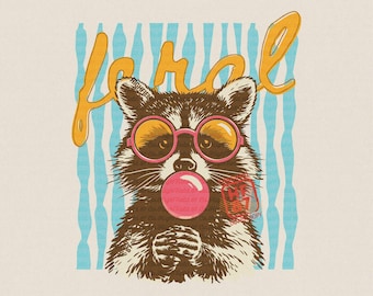 Feral Girl Summer PNG, Preppy Summer Shirt Design, Cute Raccoon Bubble Gum Graphic Funny Girly Beach Gift Digital Download