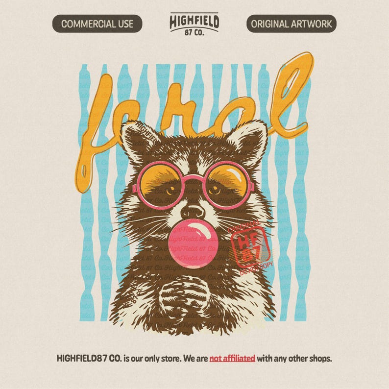 cute raccoon illustration wearing round sunglasses and blowing pink bubble gum, with the word hola in bold lettering and a striped blue background, designed in a vintage hand drawn style with clean flat colors, perfect for preppy summer girl shirts, girly aesthetic outfits, beach vacation apparel, and fun trendy designs for women and teens who love playful and colorful fashion