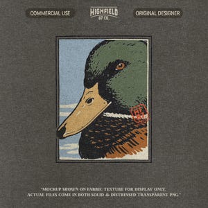 Detailed drake mallard duck head illustration showing textured green plumage, black chest, and warm brown feather accents along the neck. The bird is presented in a classic outdoor hunting art style with clean flat colors and minimal shading, designed as a high resolution PNG file suitable for duck hunting shirt graphics, waterfowl themed projects, and digital apparel designs.
