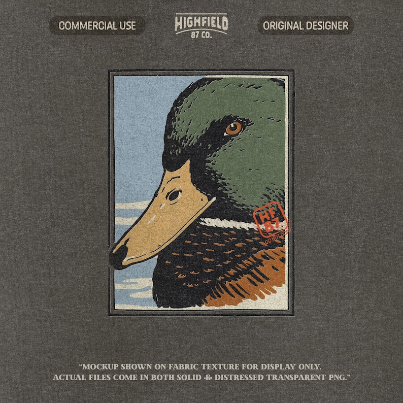 Detailed drake mallard duck head illustration showing textured green plumage, black chest, and warm brown feather accents along the neck. The bird is presented in a classic outdoor hunting art style with clean flat colors and minimal shading, designed as a high resolution PNG file suitable for duck hunting shirt graphics, waterfowl themed projects, and digital apparel designs.