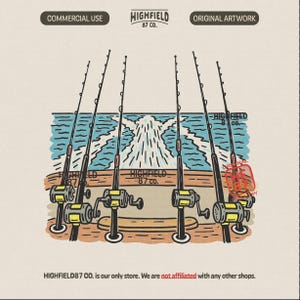 Offshore fishing PNG illustration showing multiple trolling rods set up on a boat stern with ocean wake behind