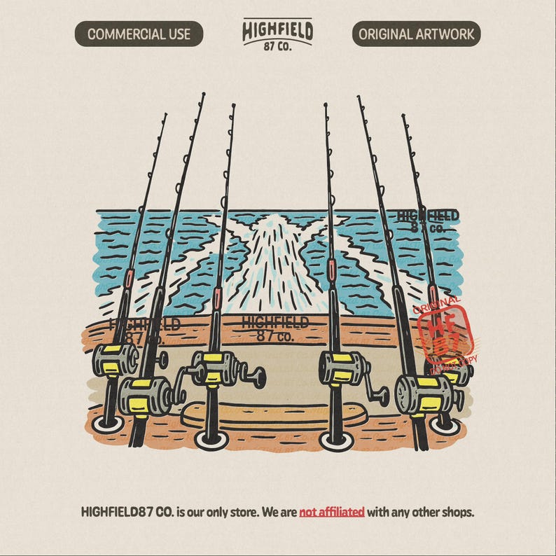 Offshore fishing PNG illustration showing multiple trolling rods set up on a boat stern with ocean wake behind
