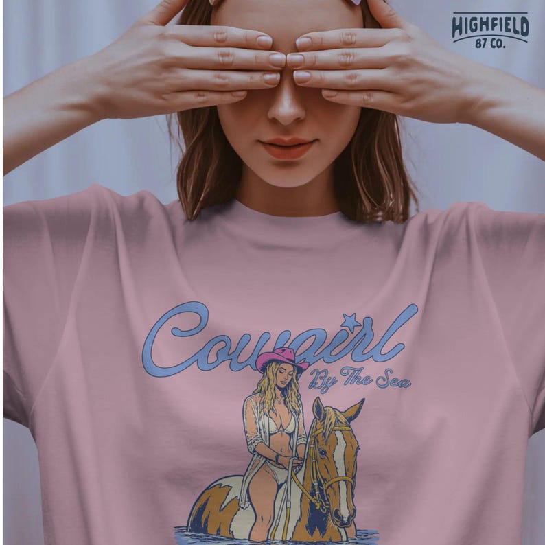 cowgirl with pink hat and horse in ocean water, coastal cowgirl graphic