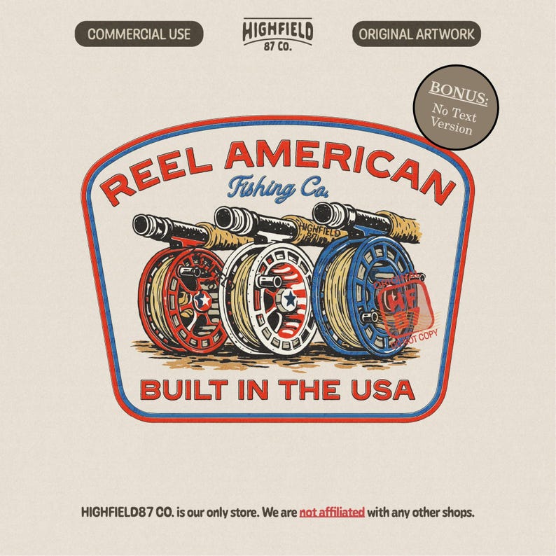 Fishing PNG design featuring three fly fishing reels arranged side by side with red, white, and blue patriotic colors. The artwork includes the phrase Reel American and Built in the USA with an American flag theme. This design represents fly fishing culture combined with USA pride, ideal for 4th of July and USA 250 years celebration graphics.