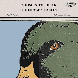 Mallard duck head profile artwork highlighting the iconic emerald green head, yellow beak, and realistic eye detail. The image is styled in a bold hunting inspired illustration format with simplified shapes and earth tone palette. Perfect mallard duck PNG digital download for waterfowl hunters, shirt design projects, and outdoor themed merchandise.