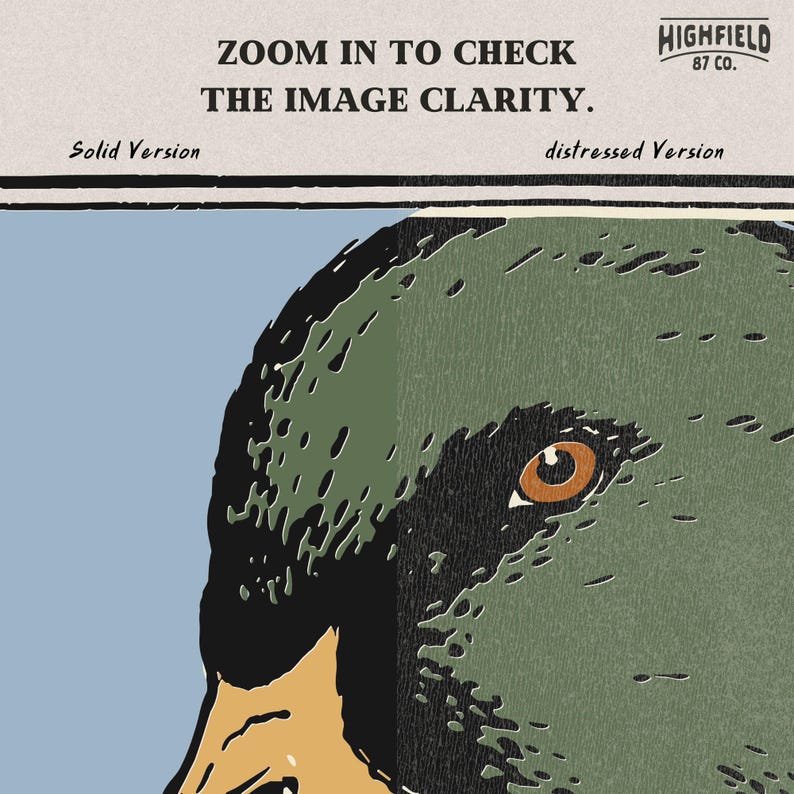 Mallard duck head profile artwork highlighting the iconic emerald green head, yellow beak, and realistic eye detail. The image is styled in a bold hunting inspired illustration format with simplified shapes and earth tone palette. Perfect mallard duck PNG digital download for waterfowl hunters, shirt design projects, and outdoor themed merchandise.