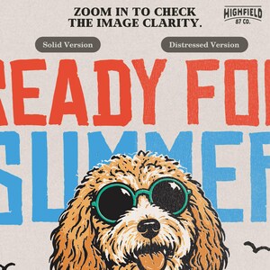 Ready for Summer dog PNG with a curly-haired puppy wearing sunglasses, floating in a yellow swim tube, and surrounded by simple beach wave details.