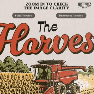 Fall harvest PNG featuring a red combine harvester, corn field, crop rows, and Christian farming Bible verse text.