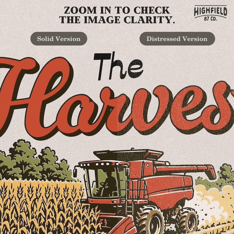 Fall harvest PNG featuring a red combine harvester, corn field, crop rows, and Christian farming Bible verse text.