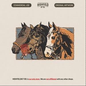 Western horse PNG illustration showing three ranch horses side by side in a vintage western style, perfect for cowboy shirt designs