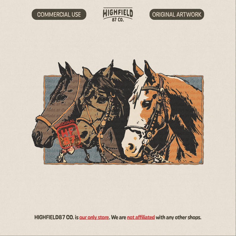 Western horse PNG illustration showing three ranch horses side by side in a vintage western style, perfect for cowboy shirt designs