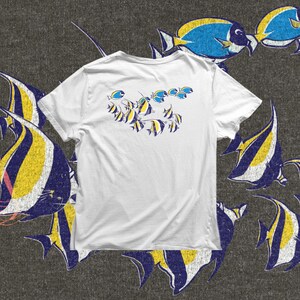 tropical fish design png with multiple fish swimming in formation, simple and bold coastal summer illustration