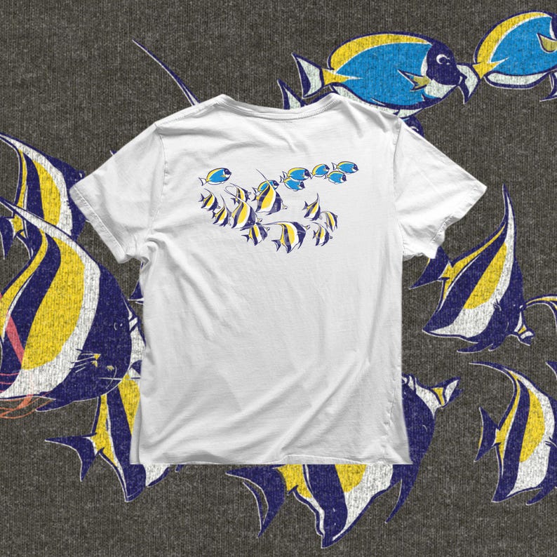 tropical fish design png with multiple fish swimming in formation, simple and bold coastal summer illustration