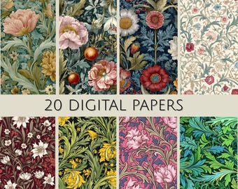 May include: A selection of William Morris patterns showcasing floral designs in diverse colours. The image presents 20 digital papers with detailed botanical illustrations, including peonies, daisies, and other flowers. The text "WILLIAM MORRIS PATTERNS" and "20 DIGITAL PAPERS" are visible.