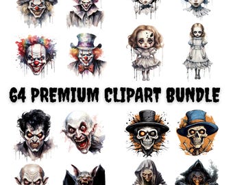 Könnte beinhalten: Eine Sammlung von 64 Premium-Clipart-Bildern mit Aquarellillustrationen von Clowns, Puppen, Totenköpfen, Vampiren, einer Fledermaus und einer Hexe. Die Bilder sind in verschiedenen Farben und Stilen, perfekt für Halloween-Projekte.