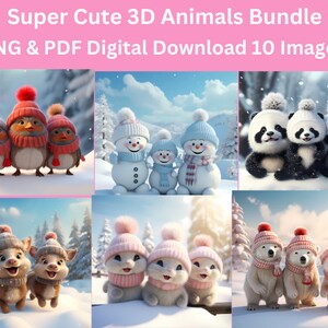 Cute 3D Christmas Animals Having Fun In The Snow Bundle - PNG - Digital Download