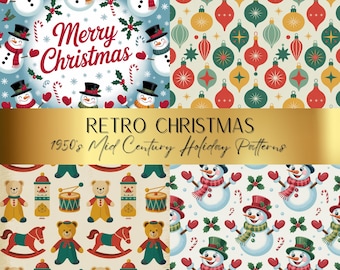 May include: A collection of retro Christmas patterns. The patterns include snowmen, ornaments, toys, and the text "Merry Christmas". The image also includes the text "Retro Christmas 1950's Mid Century Holiday Patterns".
