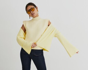 Smile and Wave 90s Cropped Knit Button Up Cardigan In Yellow