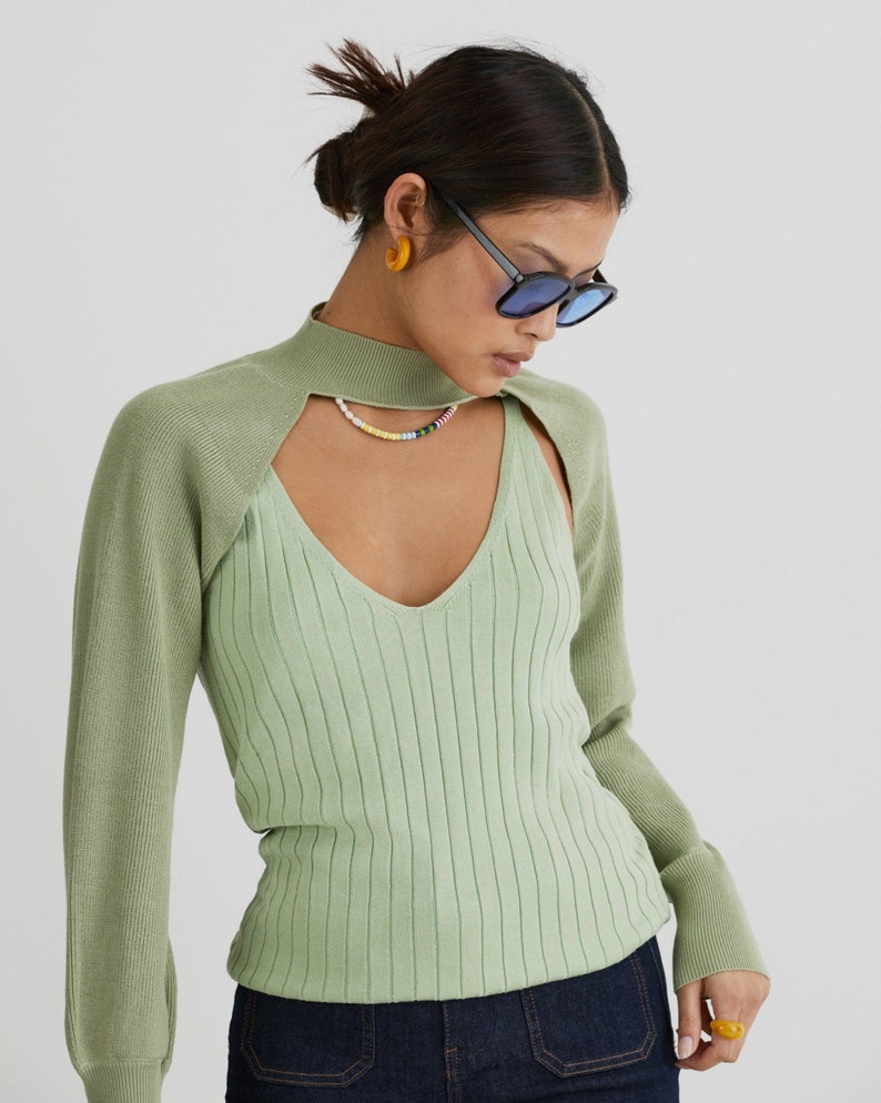 Two Cool Enthuse Ribbed Knit Tank Top With Cropped Long Sleeve In Green image 2