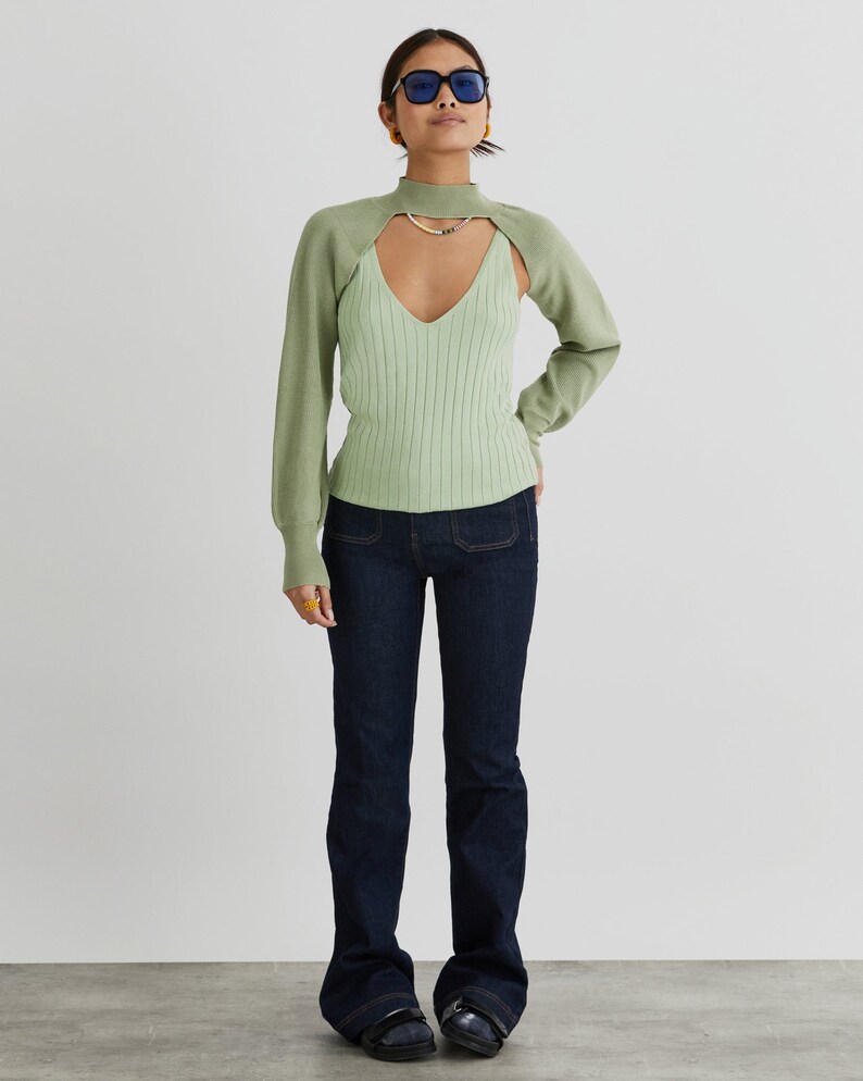 Two Cool Enthuse Ribbed Knit Tank Top With Cropped Long Sleeve In Green image 1