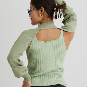 Two Cool Enthuse Ribbed Knit Tank Top With Cropped Long Sleeve In Green image 3