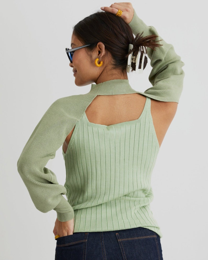 Two Cool Enthuse Ribbed Knit Tank Top With Cropped Long Sleeve In Green image 3