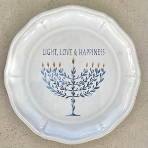 Chanukah Ceramic Dishes with Menorah Four Unique Text Options Elegant Festive Plates LIGHT,LOVE&HAPPINESS