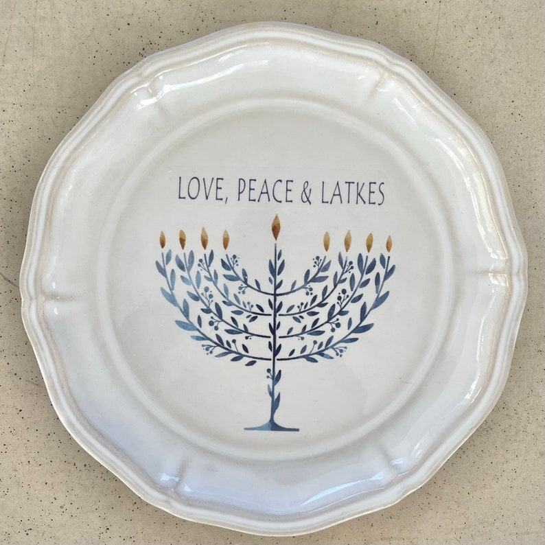 Chanukah Ceramic Dishes with Menorah Four Unique Text Options Elegant Festive Plates LOVE, PEACE & LATKES