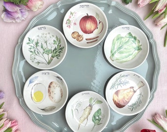 Handmade Ceramic Seder Plate: watercolor illustrations, Passover Judaica Art