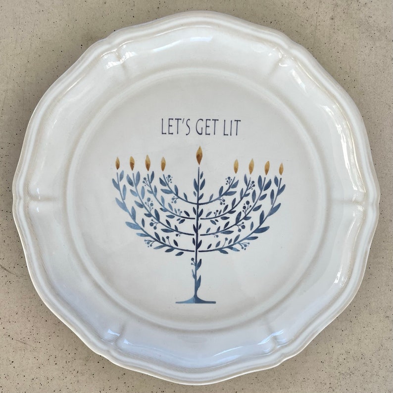 Chanukah Ceramic Dishes with Menorah Four Unique Text Options Elegant Festive Plates LET'S GET LIT