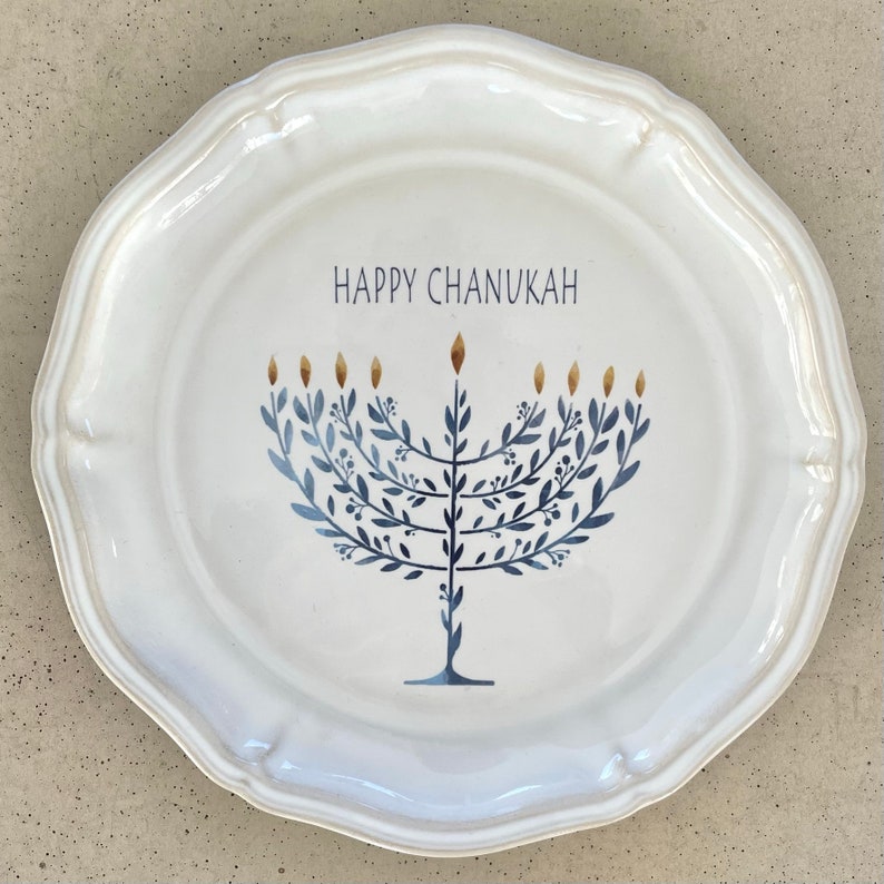 Chanukah Ceramic Dishes with Menorah Four Unique Text Options Elegant Festive Plates HAPPY CHANUKAH