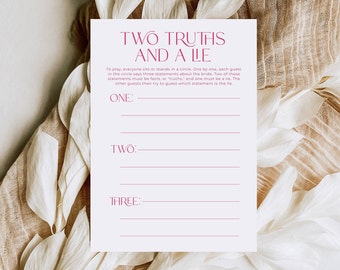 Two Truths And A Lie, Bridal Party Game Template, Printable Pink Hen Party Template, Editable Game, Instant Download, #BRS01