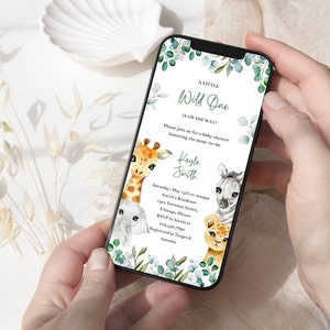 Safari Tiere Babyparty digitale Einladung, Grün Dschungel Tiere Party einladen, bearbeitbare Telefoneinladung, Wild One, BBS28