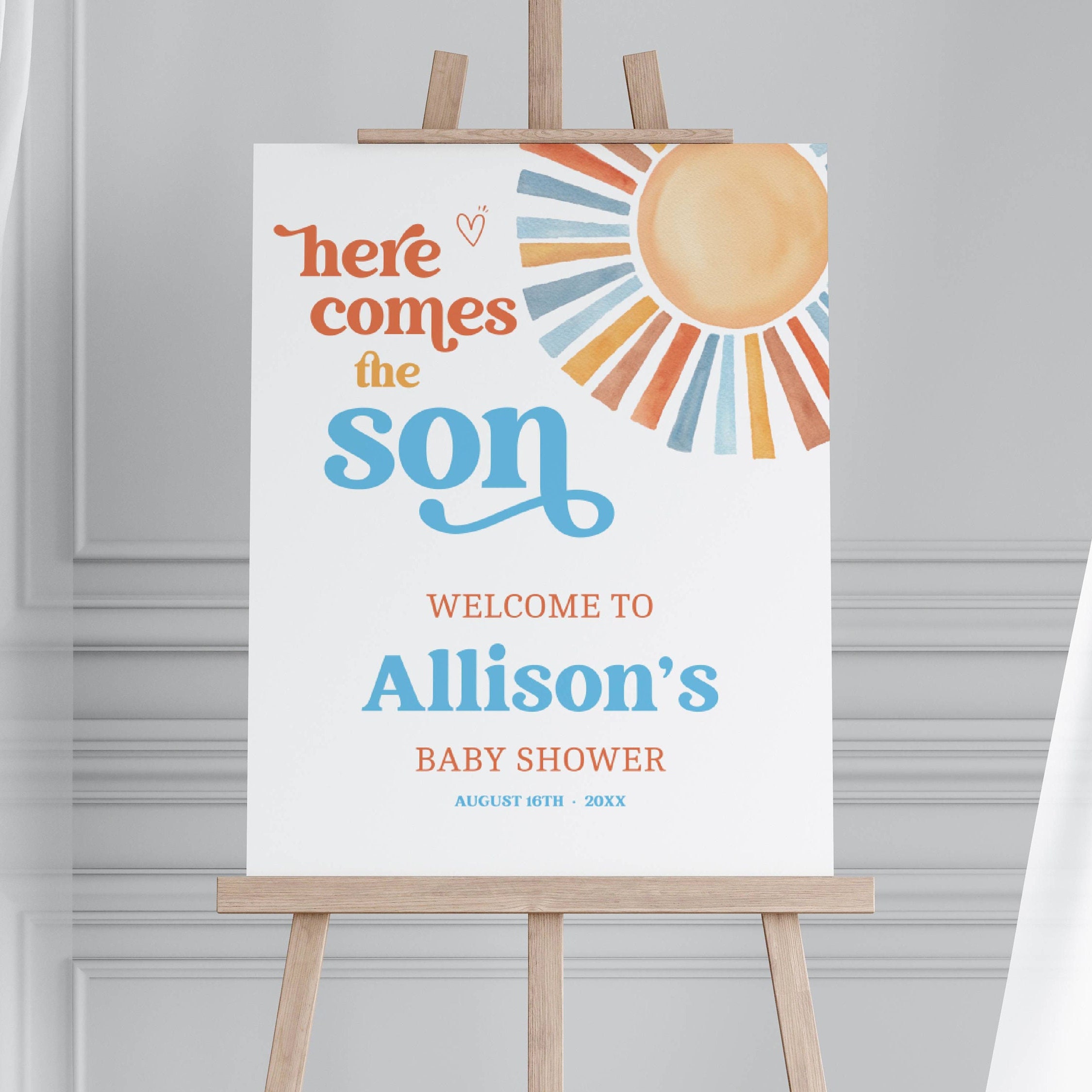 Here Comes the Sun Welcome Sign Template Baby Shower, Printable Baby Shower Sign, Here Comes the Son Welcome Board, Instant Download, #BBS26