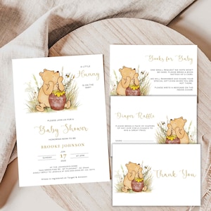 Klassieke Winnie de Poeh-babyshoweruitnodiging, Knorretje-feestje, afdrukbare bewerkbare, bedankt, luierloterij, boekverzoekkaart, BBS01