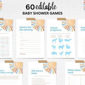 Editable Boho Sunshine Baby Shower Game Bundle, Here Comes the Son Baby Shower Game Pack, Here Comes the Sun Shower Boho Shower Games, BBS26