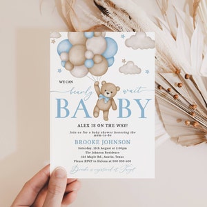 We Can Bearly Wait Baby Shower Invitation, Editable Gender Neutral Bear Balloon, Blue Teddy Bear Baby Shower, #BBS31