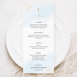 Modèle de menu de baptême bleu clair et or pour un garçon, carte de remerciement de baptême, modèle d'entrée imprimable modifiable, B01